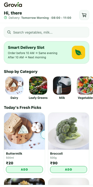 Grovia app home screen