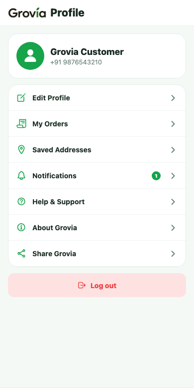 Grovia profile screen