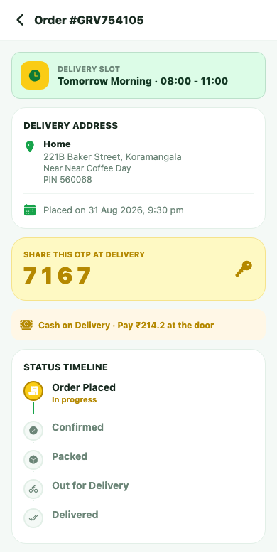 Grovia Order Tracking screen